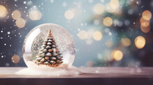 Christmas Glass Ball With Fir Tree On Snow And Bokeh Background