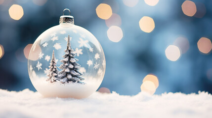 Wall Mural - christmas glass ball with fir tree on snow and bokeh background