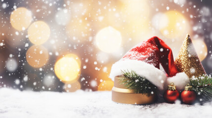 Wall Mural - christmas decoration with santa claus hat and baubles in snow. blurred christmas bokeh background