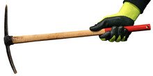 Closeup Of A Hand With Protective Work Glove Holding A Pickaxe Or Pick Axe, Isolated On White Background With Reflection. Hand Tool Used For Digging.