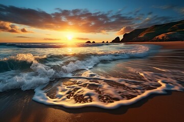 Wall Mural - Panoramic tropical beach and seascape with orange and golden sunset sky, soft sand, calmness, tranquil relaxing sunlight, summer mood.