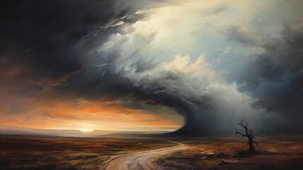 Wall Mural - drawing of a tornado on the road in a field sunset colors.