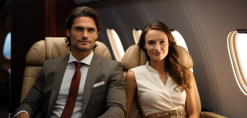 Poster - Professional business Man and woman seated on luxury airplane in first class.