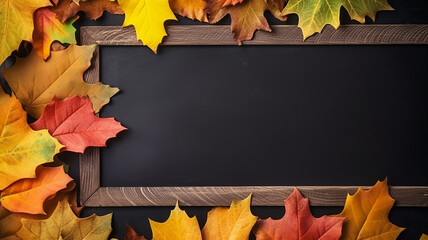Wall Mural - background frame school chalkboard black framed with yellow autumn leaves.