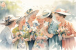 illustration of a Group of senior retirement women friends having fun together. Happiness Concept.