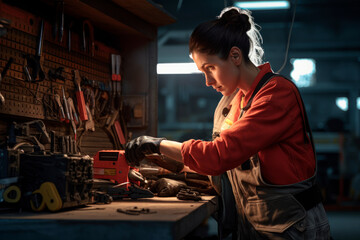 A woman working in a work table of mechanic garage. AI generative.