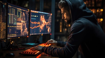 Poster - Crypto trader analyzing real-time price charts on multiple computer screens in a dimly lit, tech-filled room.