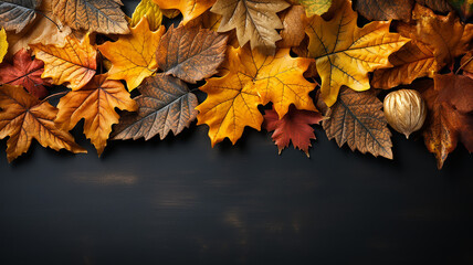 Wall Mural - background frame school chalkboard black framed with yellow autumn leaves.