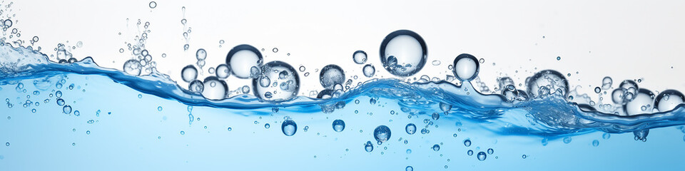 Canvas Print - narrow panorama of bubbles in clear blue water background.