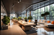 Interior photography of a contemporary design corporate office break out area, a lounge area with tables & chairs
