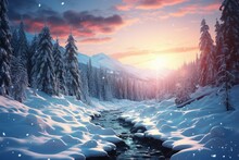 Sunshine In The Carpathian Mountains, Illuminating A Winter Wonderland Of Nature