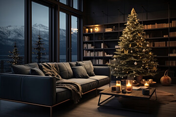 Stylish living room interior with beautiful fireplace, Christmas tree