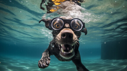 Poster - a freediver dog dives in clear water in summer.