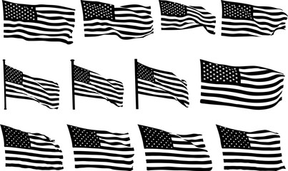 Wall Mural - Collection of waving flag silhouettes in the wind, Vector set bundle of black flat American USA flag, A set of silhouette American flag vector, American Flag Silhouette