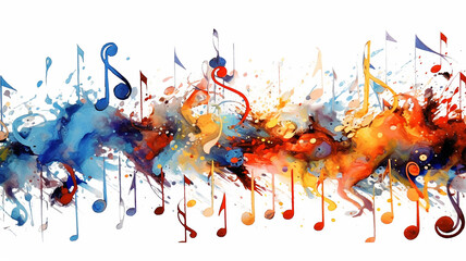 Wall Mural - abstract musical background a swirl of multicolored notes on a white background isolated.