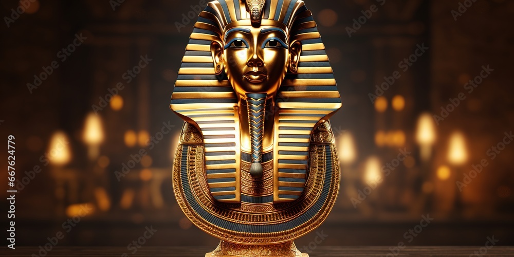 Golden mask of King Tutankhamun gleaming in torchlight