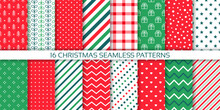 Xmas Seamless Pattern. Christmas Print. Backgrounds With Tree, Candy Cane Stripe, Polka Dot, Zigzag And Star. Set New Year Textures. Red Green Backdrops. Festive Wrapping Paper. Vector Illustration.