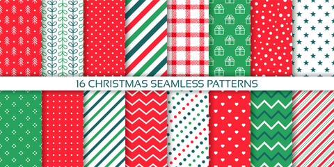 Xmas seamless pattern. Christmas print. Backgrounds with tree, candy cane stripe, polka dot, zigzag and star. Set New year textures. Red green backdrops. Festive wrapping paper. Vector illustration.