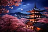 Fototapeta Sport - A beautiful night in ancient Kyoto, filled with cherry blossoms decorating the sky. Generative AI