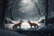 Realistic snowscape featuring two foxes in a winter forest. Generative AI