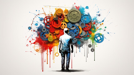 Poster abstract watercolor of the gear and a human. management concept.