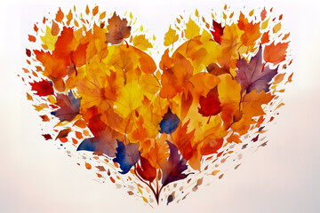 Wall Mural - Heart shape of yellow autumn leaves on white background. Watercolor drawing.