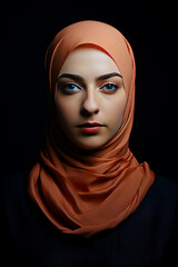 Canvas Print - Portrait of Muslim woman in hijab on dark background. Close-up.