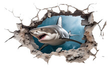 Shark Swimming Through A Hole In The Wall Isolated On White - Transparent Background PNG