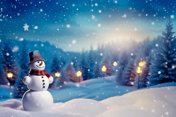 Wall Mural - A snowman in winter. Elegant New Year's Eve celebration postcard.