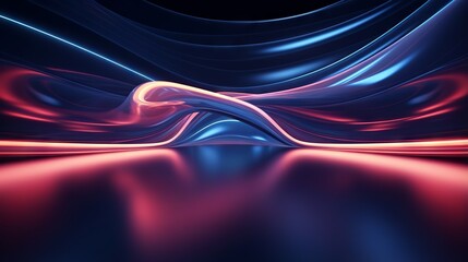 Wall Mural - abstract neon background with glowing lines and floor reflection. 3d render of a dynamic ribbon in a
