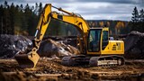 Fototapeta  - A working excavator on a construction site with a blue sky background