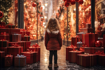 Wall Mural - little girl in a red jacket looking through a display window at Christmas decorations and gifts in a store