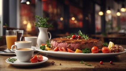 Wall Mural - A juicy colorful photo of baked meat on a dish with citruses and tomatoes. The dish stands on a cafe table surrounded by drinks and other things.