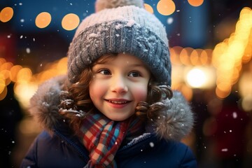 Wall Mural - portrait of a cute white dreamy child kid looking happy and content on winter holidays at the christmas market, fairy lights, snow and bokeh in the background