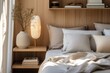 Close up details of bed and side table in trendy japandi style