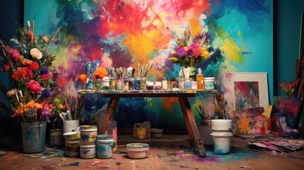 Wall Mural - An artist's studio with paint and paintbrushes, AI