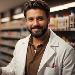 Wall Mural - handsome short brown hair and bearded happy magister male wearing White medical coat and checking the stock of medicine on the shelves in the pharmacy. Generative Ai.