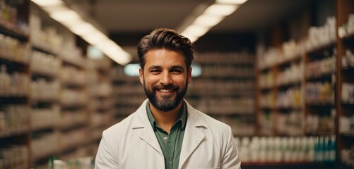 Wall Mural - handsome short brown hair and bearded happy magister male wearing White medical coat and checking the stock of medicine on the shelves in the pharmacy. Generative Ai.