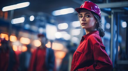 Female factory worker wearing safety helmet on busy production line, industrial labor concept