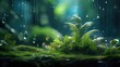 Raindrops falling on a green forest with moss and ferns, AI
