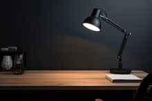 A Desk Lamp Is On A Table In Front Of A Black Wall, AI