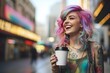 beautiful smiling rainbow haired tattooed trans woman drinking coffee in the city
