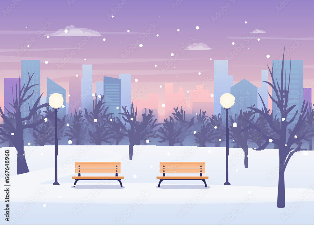 Cartoon Color Winter City Park Landscape Scene Concept Flat Design ...