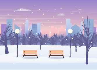 Canvas Print - Cartoon Color Winter City Park Landscape Scene Concept Flat Design Style. Vector illustration of Public Recreation Garden Season Snowfall