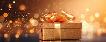 Perfect Present Gift In Style Of Box With Christmas Bokeh Lights, Panorama. Generative Ai