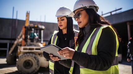 Woman engineer overseeing construction of a building with construction worker using a tablet device on the job site in urban setting