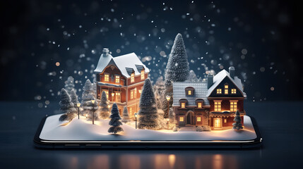 Canvas Print - Smartphone with christmas village and snowfall. 3D rendering. Cute miniature christmas winter village. Christmas and New Year concept. Christmas greeting card.