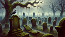 Digital Oil Painting Of An Old Graveyard With Tombstones Covered In Moss. Fog Rolls In, And Shadowy Figures Can Be Seen In The Distance. A Crow Perches On One Of The Tombstones, Cawing Into The Night