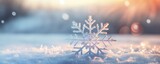 Fototapeta  - Macro view on snowflake with white winter landscape, panorama banner. Generative Ai.