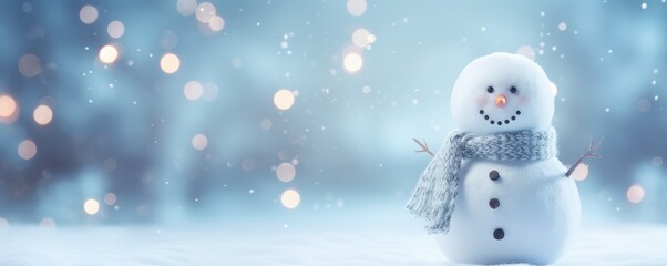 Happy smilling snowman with white snowing winter ladscape, panorama banner. Generative Ai.